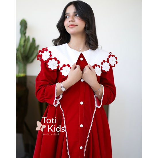 صورة فستان بناتي مخمل بـلونين | ياقة مرصعة بالفصوص وتفاصيل لؤلؤ - 1125